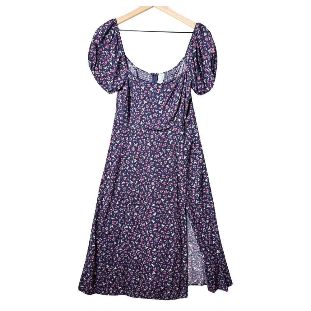 Francesca’s Blue Rain Navy Floral Boho Smocked Back Midi Dress Puff Sleeve L